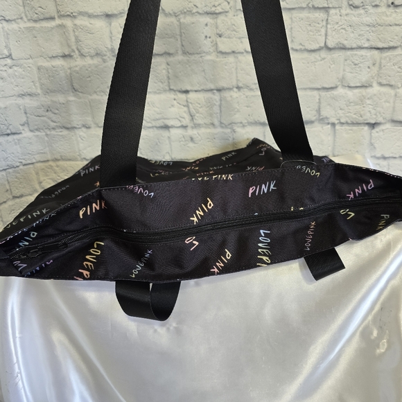 PINK Victoria's Secret Logo Love Pink Black Tote Bag Zip Close New - Picture 2 of 12